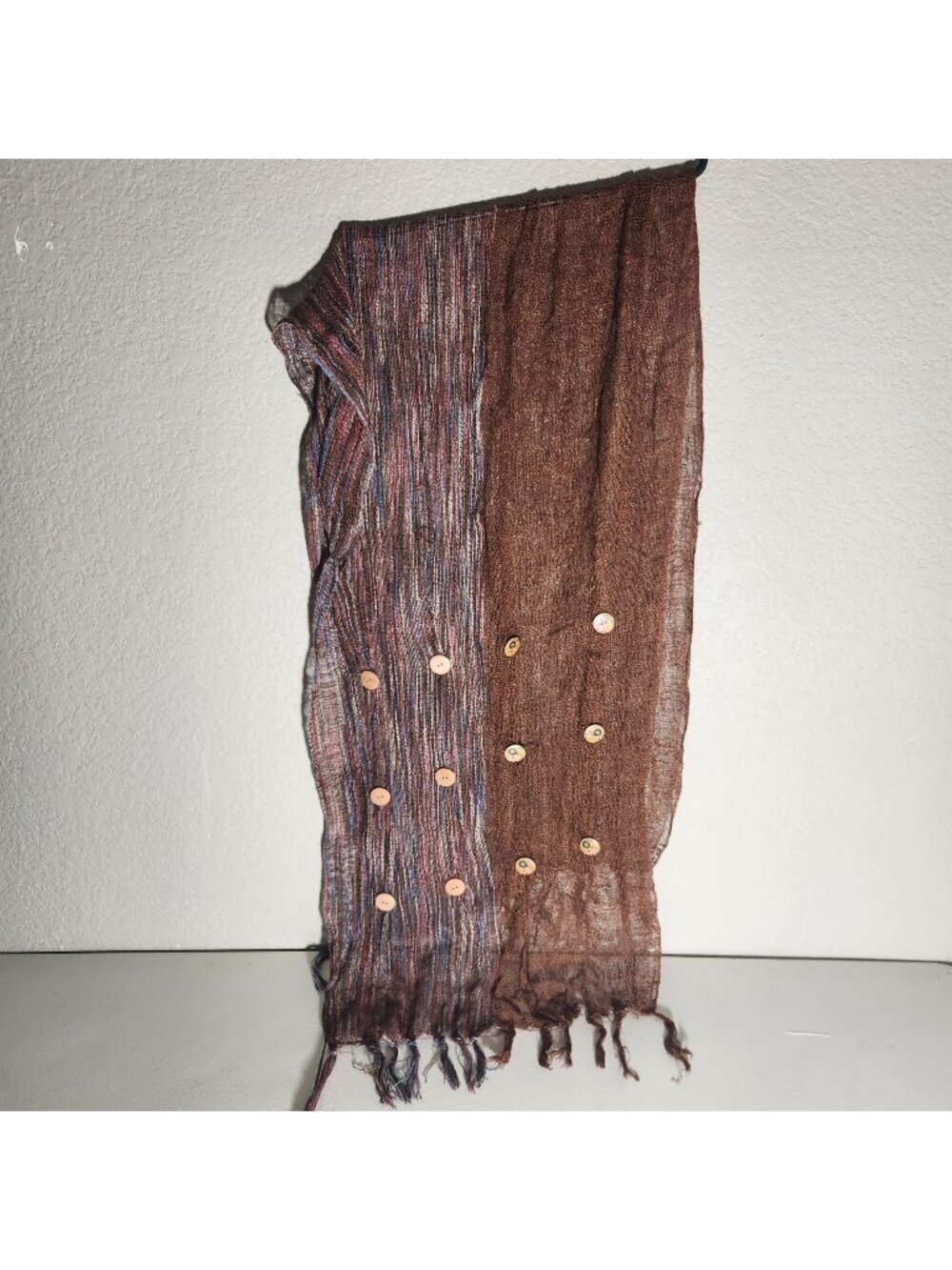 Handwoven Boho Scarf With Brown & Multicolor Panels Fringed Ends & Decorative Bu